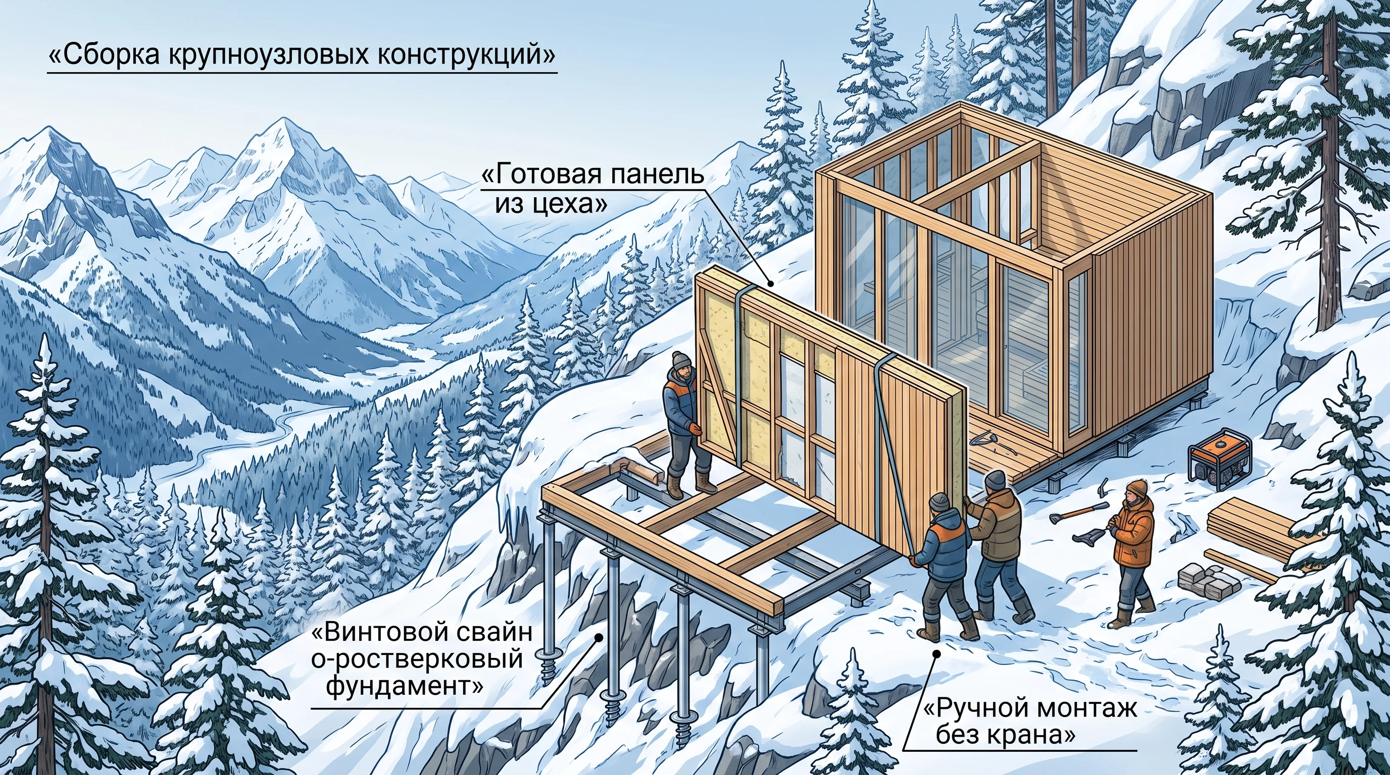 Иллюстрация крупноузловой сборки префаб-панелями на крутом горном склоне Горного Алтая без техники