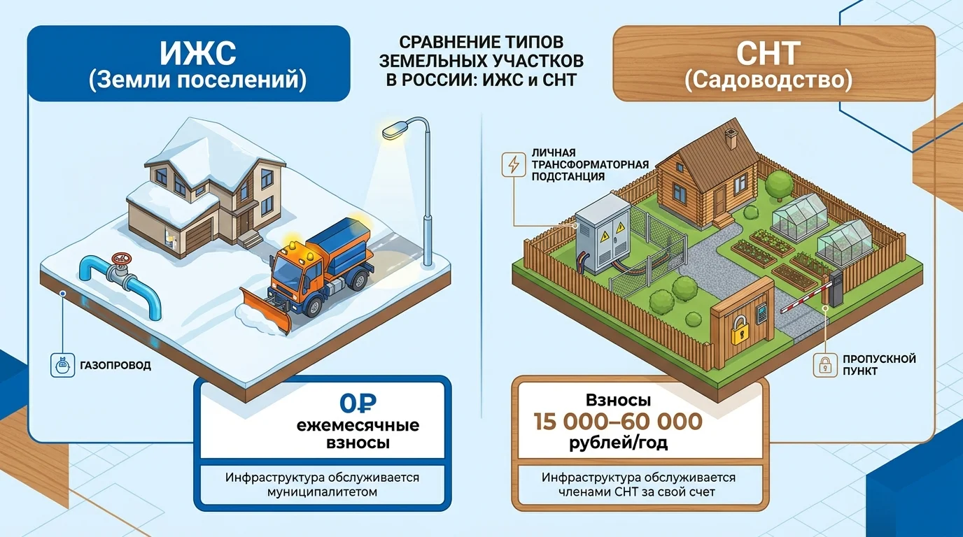 Инженерная схема-сравнение инфраструктуры и финансовых потоков на участках ИЖС и СНТ в условиях сибирской зимы