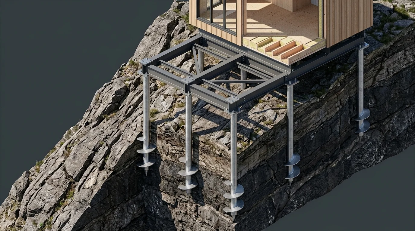 3D-схема устройства свайного фундамента с металлокаркасным ростверком на скальном грунте