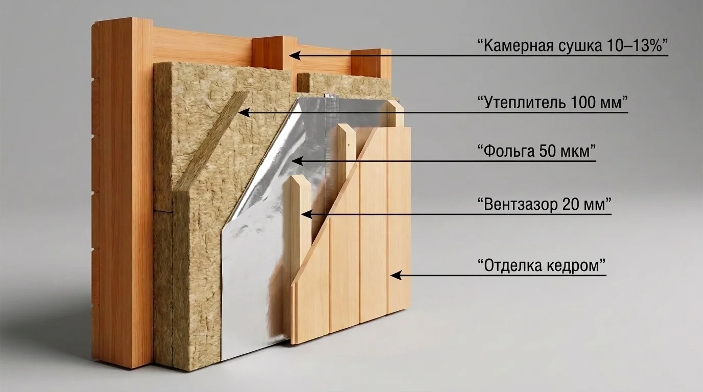 Технический срез стены парной: фольга 50 мкм, камерная сушка 10–13%, базальтовый утеплитель и вентзазор 20 мм