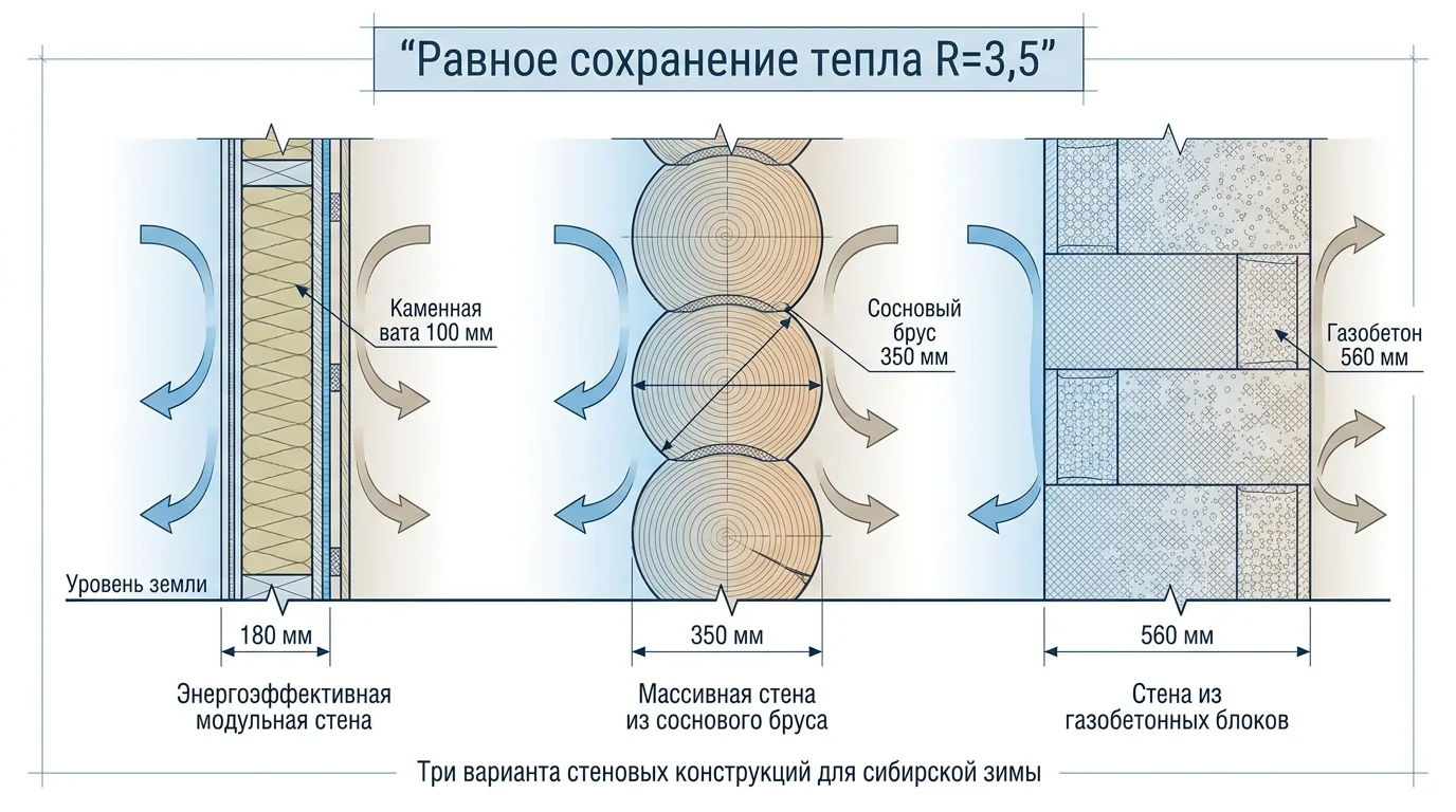 Сравнение толщины стен для достижения нормы сопротивления теплу R=3,5 в Сибири